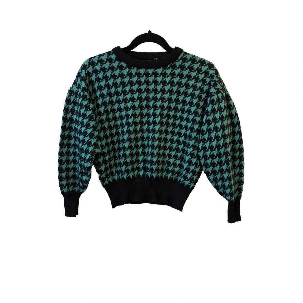 Vtg Eddie Bauer 100%‎ Wool Houndstooth Knit Sweater Women's S 90s Preppy USA